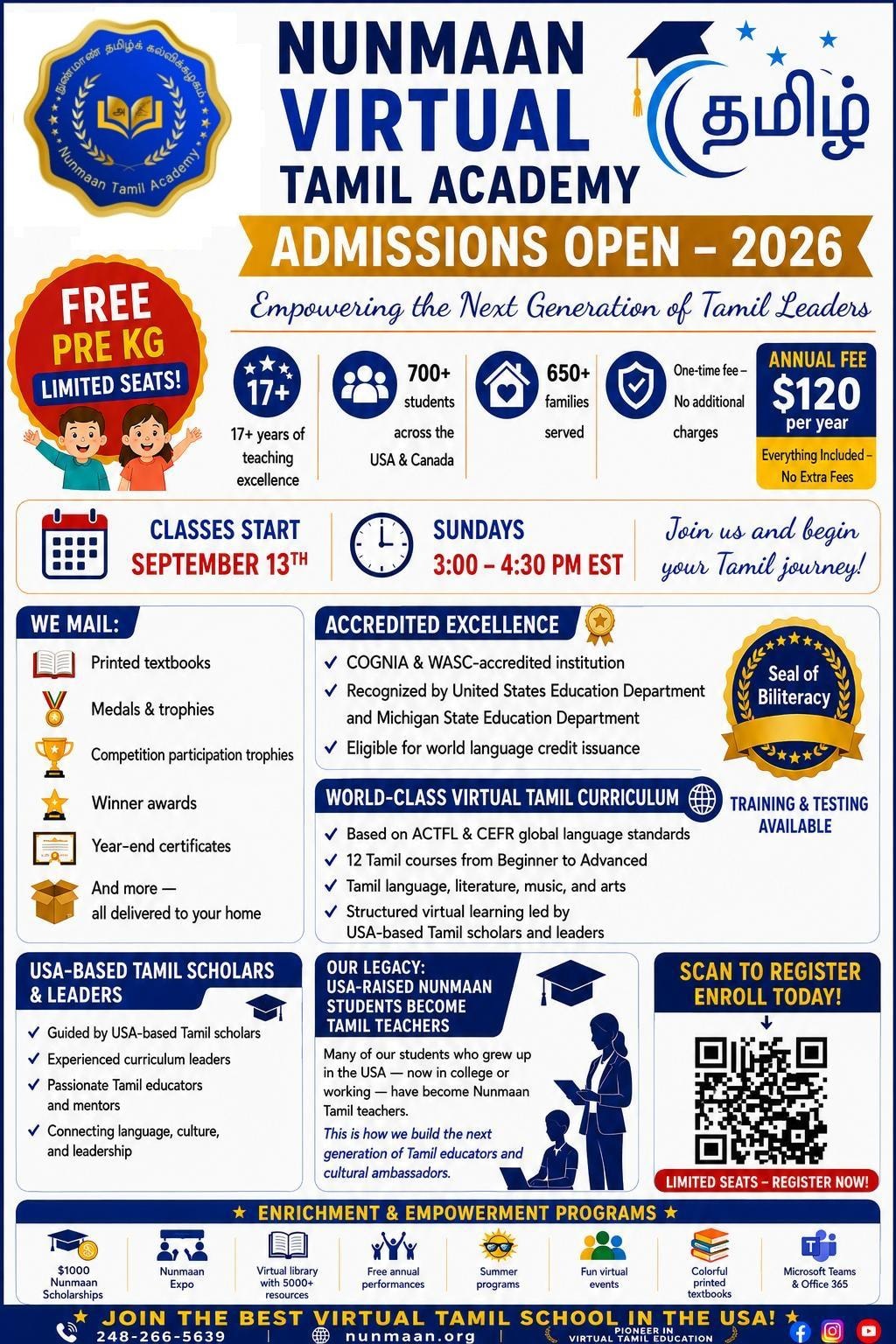 Nunmaan Virtual Tamil Academy — 2026 Admissions Flyer